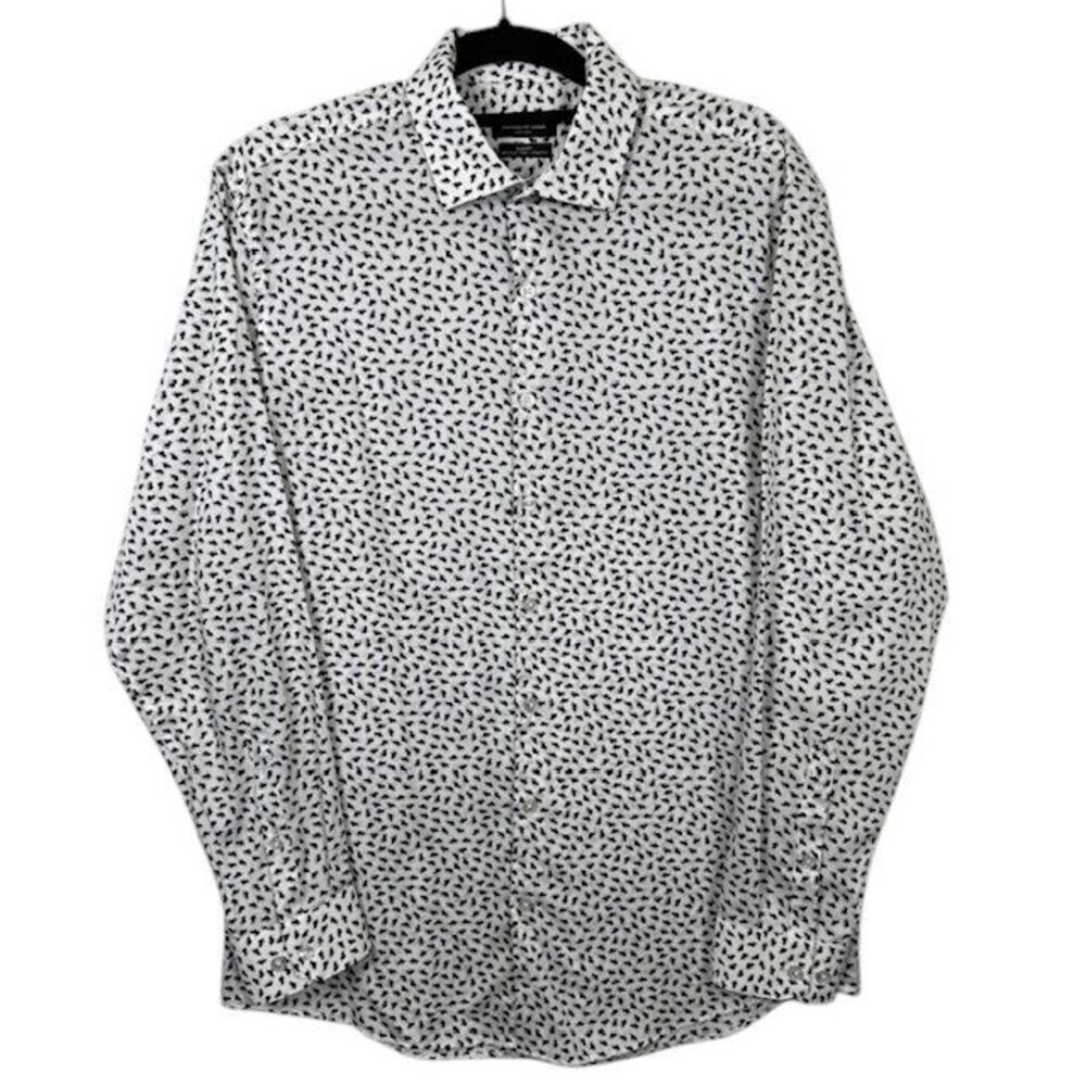 Kenneth Cole Stretch Slim Fit Dress Shirt Abstract Print White Blue Gray Medium